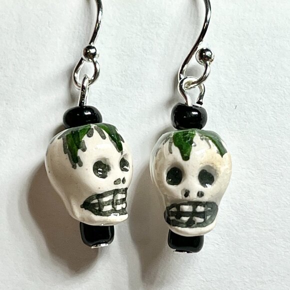 Skull Earrings Ceramic Bead Skeleton Halloween Goth Gothic Dangle Silver Plated - Picture 4 of 12